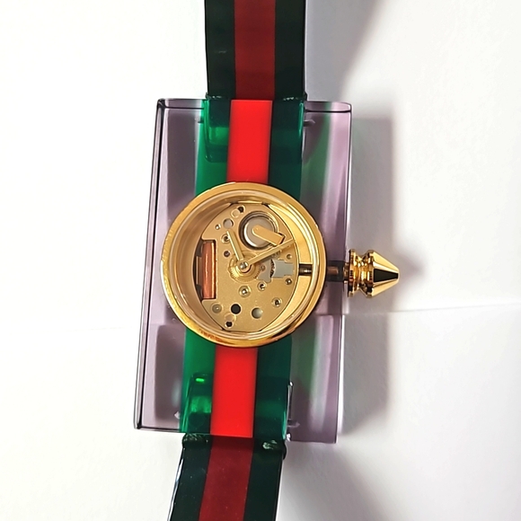Authentic Gucci Watch Red Green Plexiglass Gold Bee Modern Luxury Designer Watch - Picture 7 of 16